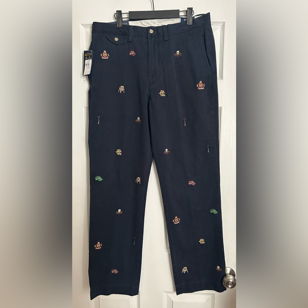 Polo Ralph Lauren NWT Varsity Bulldog Crest Navy Classic Fit Flat Front Pants 34
